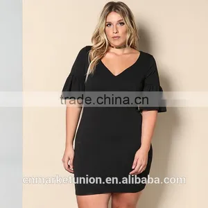 2017 Hot Sale Deep V-neck Elbow Sleeve Black Dress for Fat Women thumbnail-1