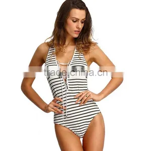 Women's 100% Polyester Lace Up Striped Backless Halter Bodysuit Ladies Sexy thumbnail-1