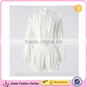 Fashion Design Ruffle Neckline Long Sleeve Blouse Top And Short 2pcs Co-ord Set thumbnail-1