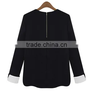 Autumn Fashion Simple Style Contrast Color Straight Fit Knitted Casual Wear Back Zipper Ladies Blouse Designs 2015 thumbnail-3