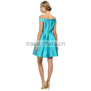 One-line Shoulder Plain Blue Short Bridesmaid Dress With Zipper thumbnail-2