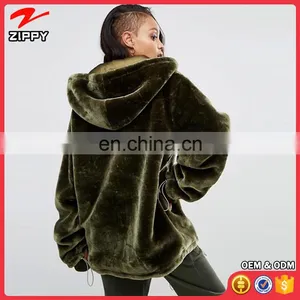 Garment in China Women Khaki Oversized Hoodie Coat In Faux Fur thumbnail-2
