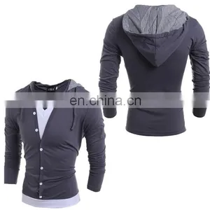 New Fashion Mens V Neck Long Sleeve Slim Fit Hooded Casual T-Shirt Tops Tee Shirts thumbnail-4