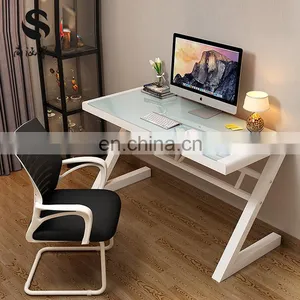 High Quality Simple Toughened Glass Computer Desk Home Learning Z-shaped Leg Design Computer Modern Home Office Desk thumbnail-1