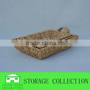 S/3 Rectangular Water Hyacinth Woven Shallow Tray With Handles thumbnail-2