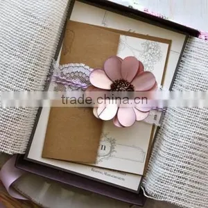 Beautiful Flower With Lace Ribbon With Box Linen Wedding Invitation Card Quality Choice thumbnail-1