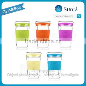 Colorful Heat Preservation Double Wall Glass Cup With Silicone Lid thumbnail-1