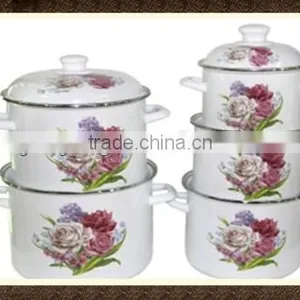 High Quality Flower Decal White Enamel Cookware Pot Set 5 Pcs For Induction Steam Pot thumbnail-1