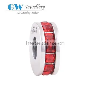 Elegant Red Zircon Stones Surrounding Flat Sterling Silver Charms For Bracelets European Style Silver Beads thumbnail-1