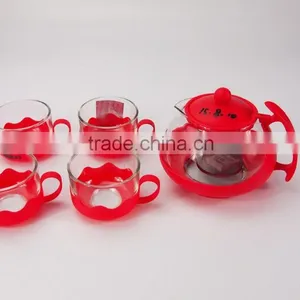Cheap Red Glass Teapot Sets With 4 Cups and Plastic Holder thumbnail-2