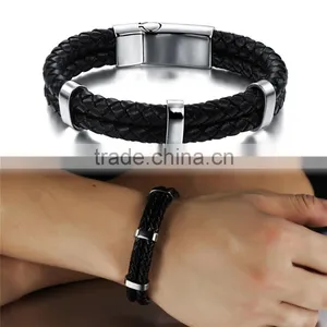 316L Mens Stainless Steel Jewelry Leather Bracelet Wholesale thumbnail-4