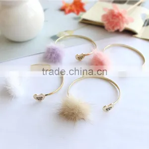 Mink Fur Pompon Cuff Bangle Marten Fur Pom Pom Cuff Bangle Customized Hug me Heart Gold Cuff Bangle thumbnail-1