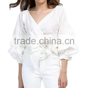2017 New Fashion Solid Tie Belt Puff Sleeve Tops thumbnail-5