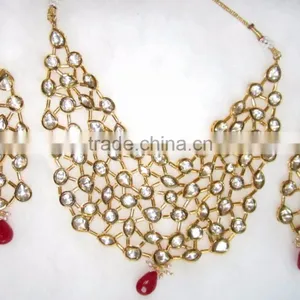 GOLD Kundan Meenakari Necklace Dangler EARRING Set thumbnail-1