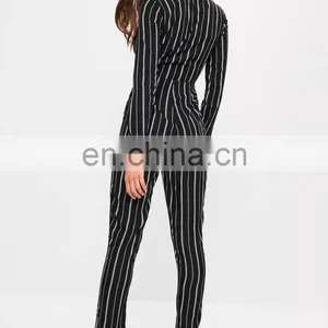 Black Striped Tie Front Shirt Ladies Jumpsuit thumbnail-2