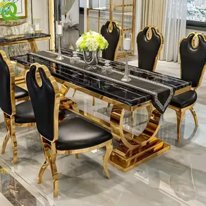 Modern High Quality Factory Direct Dining Room Stainless Steel Frame Marble Top 8 Seater Dining Tables Sets thumbnail-5