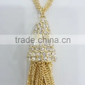 FASHION RHINESTONE PENDANT NECKLACE EARRING WITH CHAIN TASSEL AND GLASS BEADS thumbnail-3