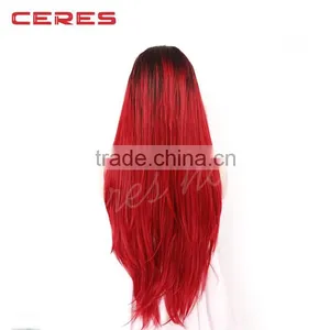Long Straight Synthetic Lace Front Wig Dark RootsBlack to Red Ombre Heat Resistant Fiber Hair 2 Tones Women thumbnail-3
