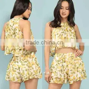 Ladies Aztec Print Crop Top Cheap Wholesale Lemon Print Chiffon Pleated Custom Printed Crop Tops thumbnail-1