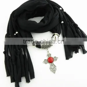 Red Turquoise Hollow Cross Pendant Jewelry Necklaces Diy Handmade Polyester Scarves 2016 New Design Women Scarves thumbnail-1