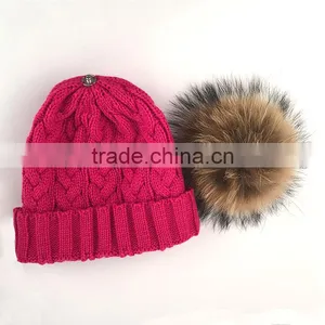 Myfur Hot Pink Knitting Hat With Real Genuine Raccoon Fur Bobble thumbnail-3