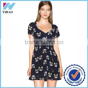 Trade Assurance Yihao Ladies Spring Summer Cat Printed Casual Dress Women 2015 thumbnail-1