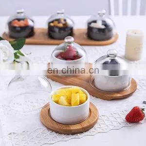 Flat Round Bamboo Cake Serving Plate Wood Dessert Stand Cheese Display With Dome Lid thumbnail-2
