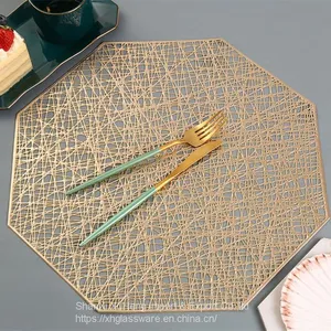 Cheap Metallic Golden Silver Rose Gold Colored Octagonal PVC Place Mats For Wedding Dinning Table thumbnail-2