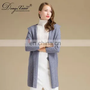 Casual Vintage Women's Winter Coat Custom Knitted Pure Cashmere Cardigan With Hood Winter Sweater thumbnail-2