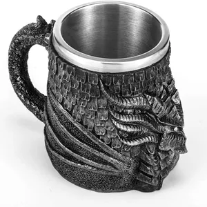 Viking Medieval Dragon Beer Mug, Stainless Steel Coffee Cup Dragon Collector thumbnail-1