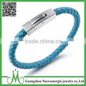 Unisex Jewelry Blue Genuine Leather Mens Bracelet Bangle Braided Durable Magnetic Clasp thumbnail-1