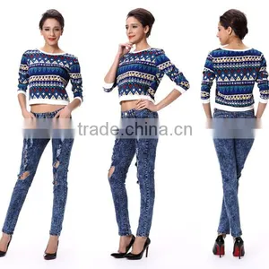 New Lady Women's Rainbow Printed O-Neck Long Sleeves Tops Blouses thumbnail-4