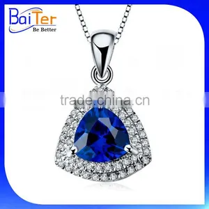 Custom Wholesale White Gold Plated Trillion Cut Halo Setting 925 Sterling Silver Lab Created Blue Sapphire Pendant thumbnail-1