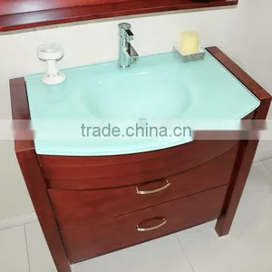 Glass Wash Basin Red Color Wood Cabinet Solid Wood Bathroom Furniture No.1004B thumbnail-2