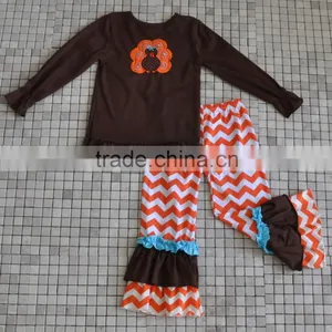 New Coming Brown Turkey Top Matching Orange and White Chevron Pants Thanksgiving Baby Clothes thumbnail-1