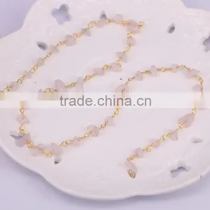 Rose Quartz Chip Beads Gem Stone Chain, Golden Plated Brass Wire Wrapped Rosary Style Chains thumbnail-4