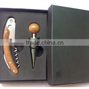 Banboo Handle Multifunction Corkscrew and Wine Stopper Black Paper Box Gift Set thumbnail-1