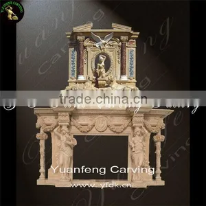 Hand Carved Double Stone Fireplace Mantel Lion Design thumbnail-1