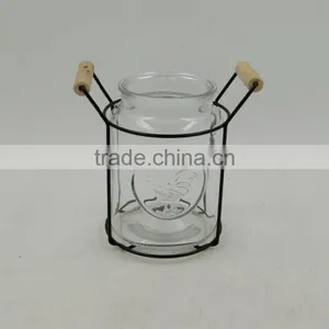 Clear Glass Vase In Black Iron Basket With Wood Handle thumbnail-2