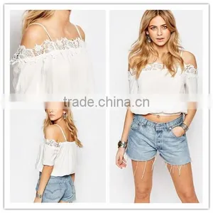 2016 Latest Off Shoulder Lace Trim Crochet Top HST8008 thumbnail-1