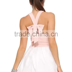 Ladies Sweet Style Back Bow Round Halter Neck Cross Back Elegant Fit and Flare Short Dress thumbnail-4