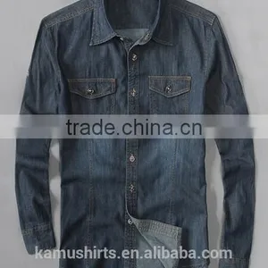 Mens Denim Shirt Long Sleeve Washed Denim Shirts Two Pockets Denim Shirts thumbnail-3