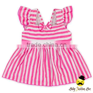 2017New Summer Children Striped Pink Flutter Sleeve Young Girl Separable Dress Top Kids Beach Clothes Swimwear thumbnail-1