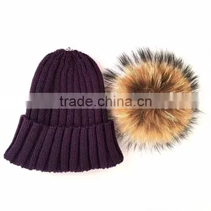 Myfur Wool Knitted Beanie Hats With Natural Color Raccoon Fur Pom Pom thumbnail-3