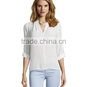 100% Polyester Long Sleeve v Neck Blouse Hi-low Woman Blouse thumbnail-2
