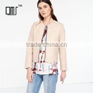 2017 Newest Simple Style Round Neck Wavy Hem Short Leather Jacket Women thumbnail-1