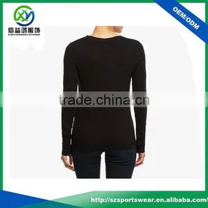 Popular V Neck 100% Cotton Fabric Women Long Sleeve Black t Shirt thumbnail-2
