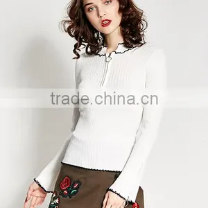 Women's Crew Neck Cotton Free Knitting Pullover Sweater Pattern With Zipper thumbnail-2