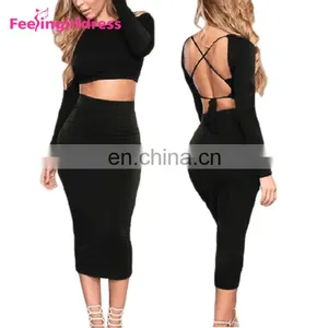 Fashion Long Sleeve Tops Black Backless Midi Bodycon Sexy Women Party Dress thumbnail-1