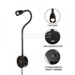 Meanyee Wall Reading Lamp Bedside Lights With USB Charging Port/Touch Dimmable Switch/Adjustable Arm/1 * 3W Led/Warm White 3000K/ Plug in Cord/Black Finished thumbnail-2